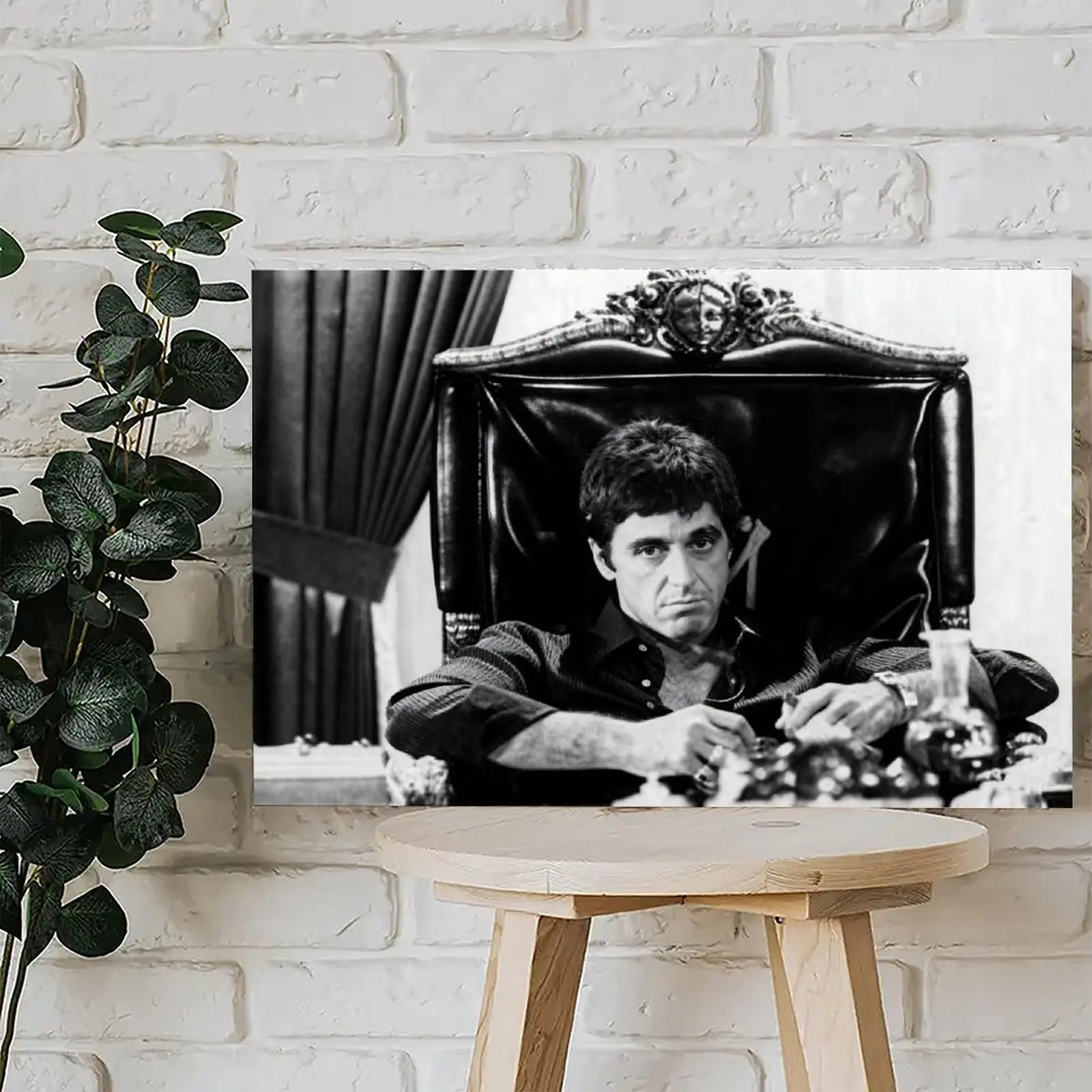 Tony Montana Scarface Cartoon Pine Wood-Mountable Framed Canvas Oil Wall Art Poster, Waterproof Modern Aesthetic Print, Customizable Easy-Install Wall Decoration for Movie Fans - Wardrobe, Dining Room, Kid Room Home Decor Gift