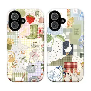 Cottagecore Goose Patchwork Phone Case – Cute Farmhouse Phone Cover for iPhone 17 16 15 14 13 12 11 Pro Max X 8 7 Plus SE & Galaxy S25 S24 S23 S22 S21 | Floral Quilt Aesthetic, Whimsical Strawberry Garden, Pastel Gingham Gift for Soft Girls