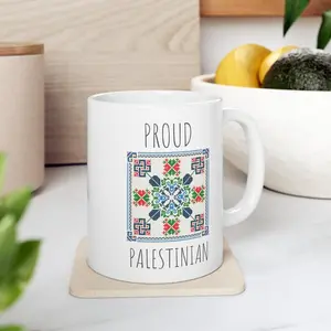 Proud Palestinian Ceramic Coffee Mug 11oz, Tatreez Pattern Gift Mug for Her or Him