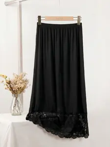 3 Lengths Basic Style Underskirt Women's Soft Modal Lace Skirt Set, High Waist Contrast Mesh Design, Knee Length Casual Dress for Office, Party, Date, Womenswear