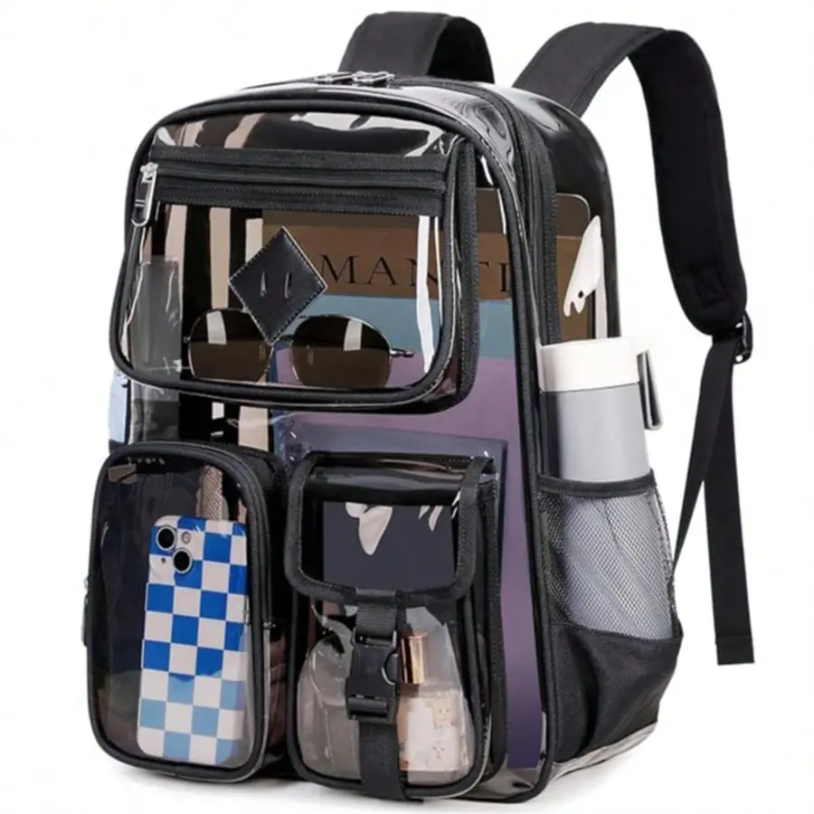 Transparent zipper Backpack/Schoolbag—Durable, multi-pocket clear bag designed for sports and general use; unisex style suitable for back-to-school, commuting, concerts, and travel