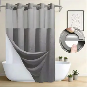 Grey waffle shower curtain, 1 piece double-layer waterproof shower curtain with snap-on removable liner, bathroom accessory suitable for beauty salons and home decoration.