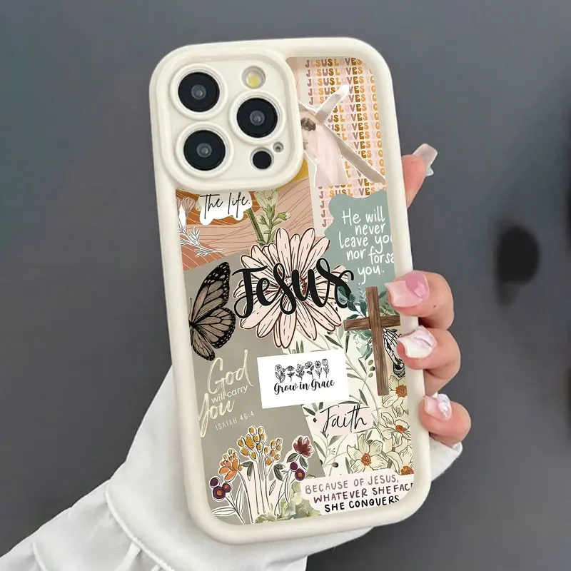 Durable 1.2mm Silicone Protective Religious Jesus Christian Themed iPhone Case with Flowers-Butterflies, Non-Slip Shockproof Casing for iPhone 17,16 Pro Max,15 Plus,14 Pro,14,13,12,11,Air,XS,XR, Drop-Proof Daily Wear Resistant Accessory