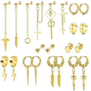 Men's stainless steel cross pendant earrings set including hinged long chain stud earrings for men, black silver, for daily wear