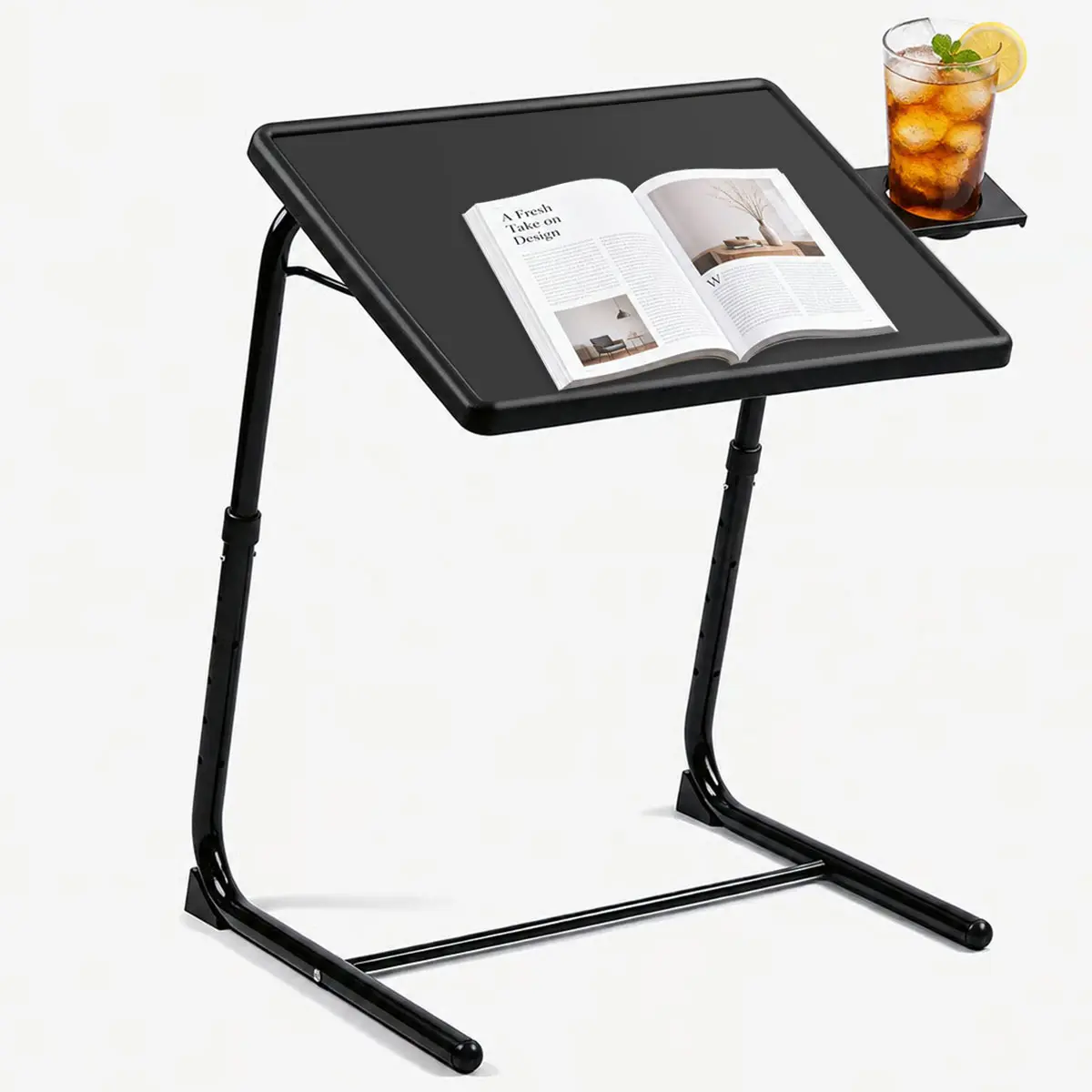 Heavy-Duty Metal Folding Overbed Desk - 6-Level Height Adjustable, Multi-Angle Tiltable Tabletop, Cup Holder, Fits 15-17" Laptops, Unfolds Fast, Portable for Bed & Sofa Use