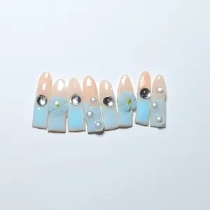 Blue Labubu Press On Nails with Floral Designs for Stylish Nail Art Includes Glue File & 8 Nails Labubu accessories