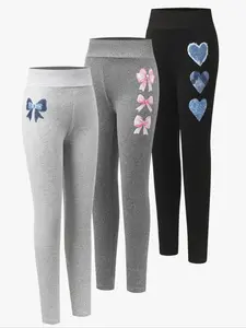 Girls' 3-Pack Slim Fit Flattering Silhouette Long Pants, Bow Heart Butterfly Print Basic Style, Fashionable Casual Wear, Perfect for Daily and Vacation, Butterfly Print Leggings