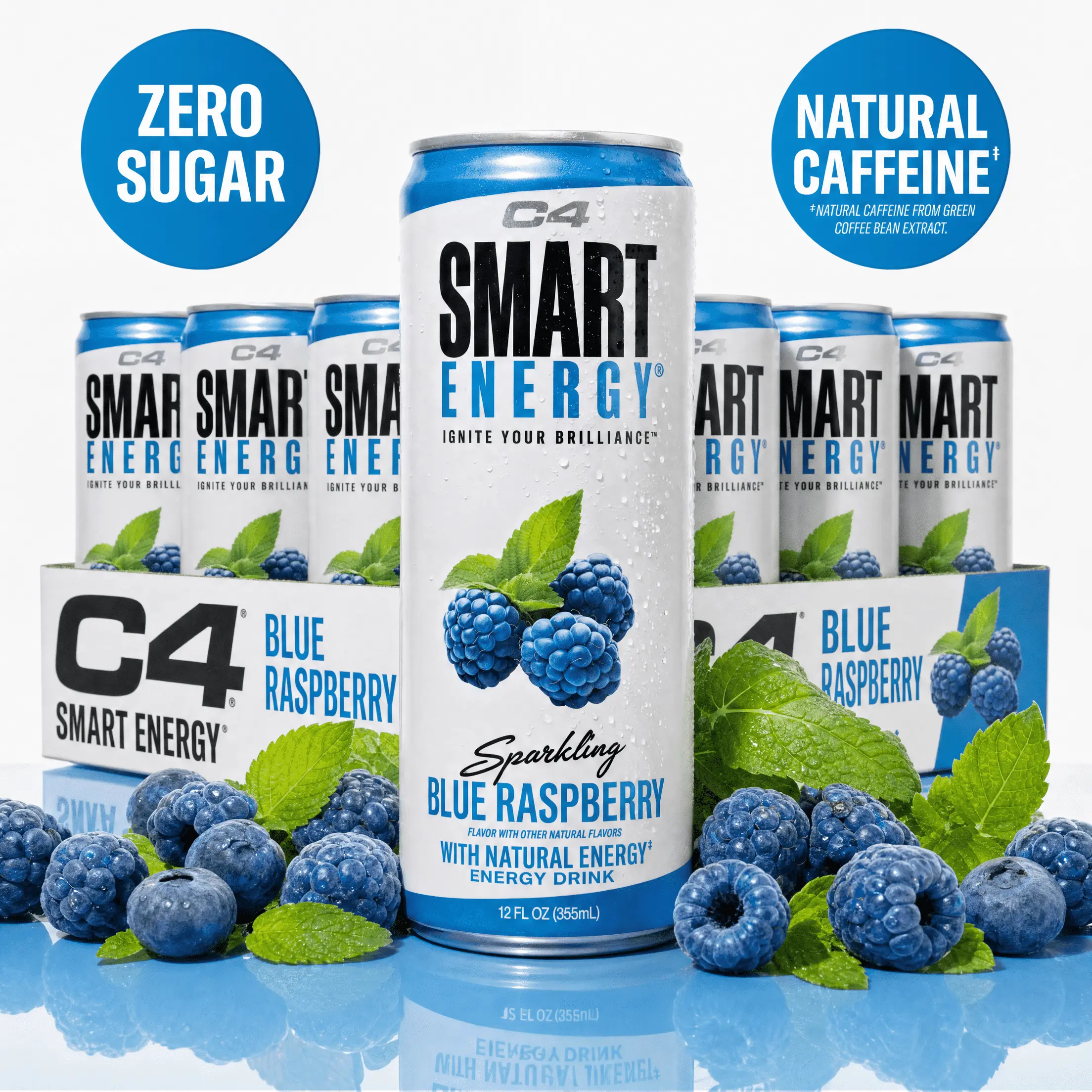 C4 Smart Energy Sparkling Beverage - Blue Raspberry, Natural Caffeine, Zero Sugar, 200mg Caffeine - Cognizin & N-Acetyl Tyrosine for Focus, 12oz 12 Pack