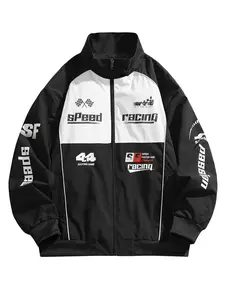 Trendy brand racing jacket for men, featuring a personalized letter print and stand collar. Street style coolness, racing themed activities, versatile everyday wear with a patchwork color block design, full of racing sportsmanship. Stylish and trendy pers