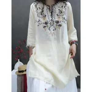[Retro Embroidered Top] New Retro Embroidered Women's Mid-sleeved Thin Top T-shirt |   2025 Spring, Summer And Autumn