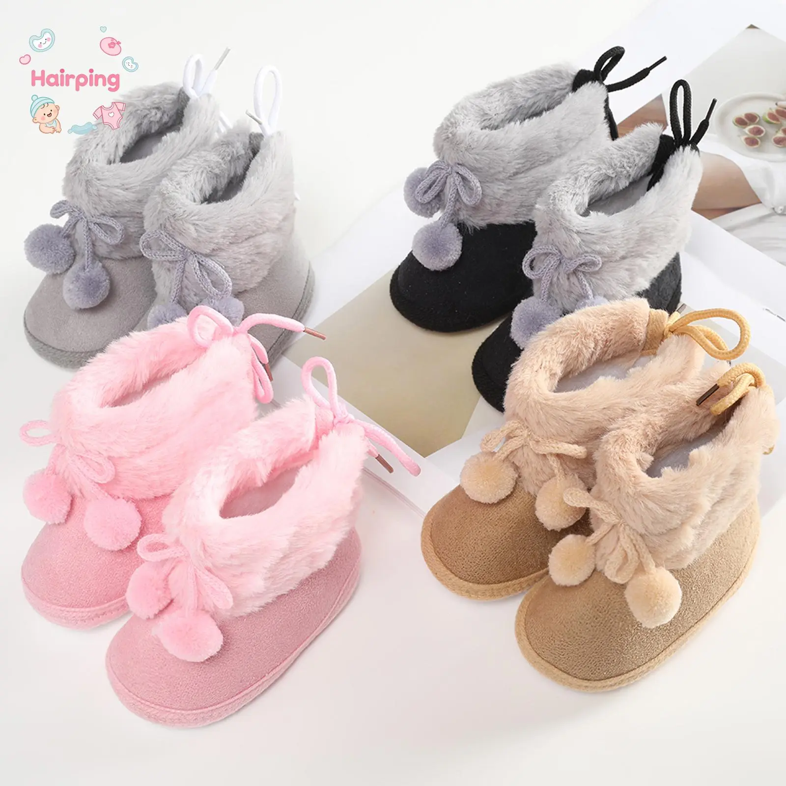 Baby Coral Fleece Ankle Booties - Warm Plush-Lined Pompom Shoes with Bow Detail, Non-Slip Soft Sole Solid Color Walking Shoes for 0-12 Months Boys Girls