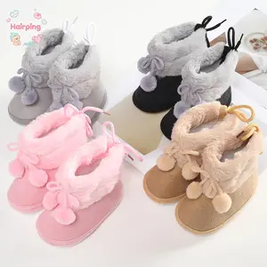 Baby Fleece Boots, Warm Plush Lined Ankle Booties with Pom-Pom & Bow Detail Non-Slip Soft Sole Infant Shoes for Boys Girls