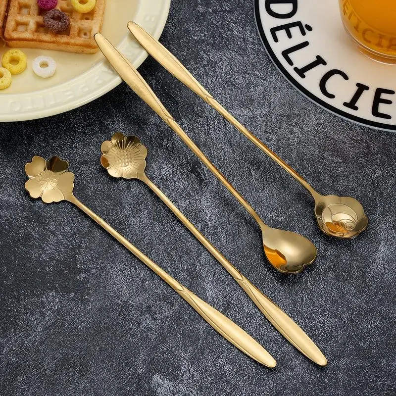 Heart & Flower Design Coffee Spoon Set, 4 Counts/set Stainless Steel Dessert Spoon, Modern Long Handle Spoon for Coffee, Tea, Ice Cream, Kitchen Acces