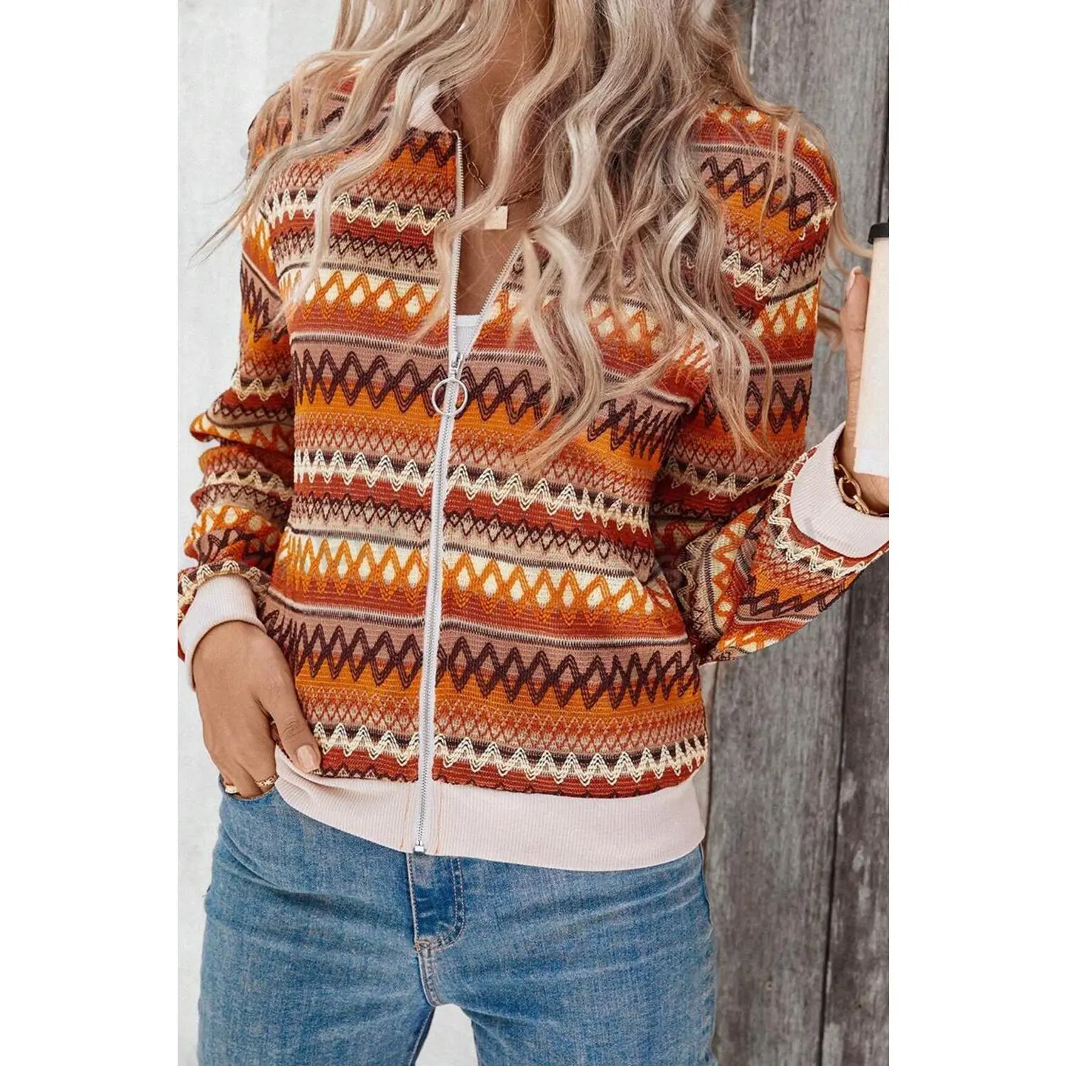 Orange Boho Striped Zip Up Long Sleeve Jacket