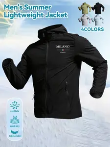 Milano Italia Print Men's Summer Lightweight Skin Jacket | Breathable Sun Protection Quick Dry Water Resistant Hooded Windbreaker | Sporty Breathable Outerwear 4 Colors Available for Hiking, Running, Travel, Fishing, Cycling
