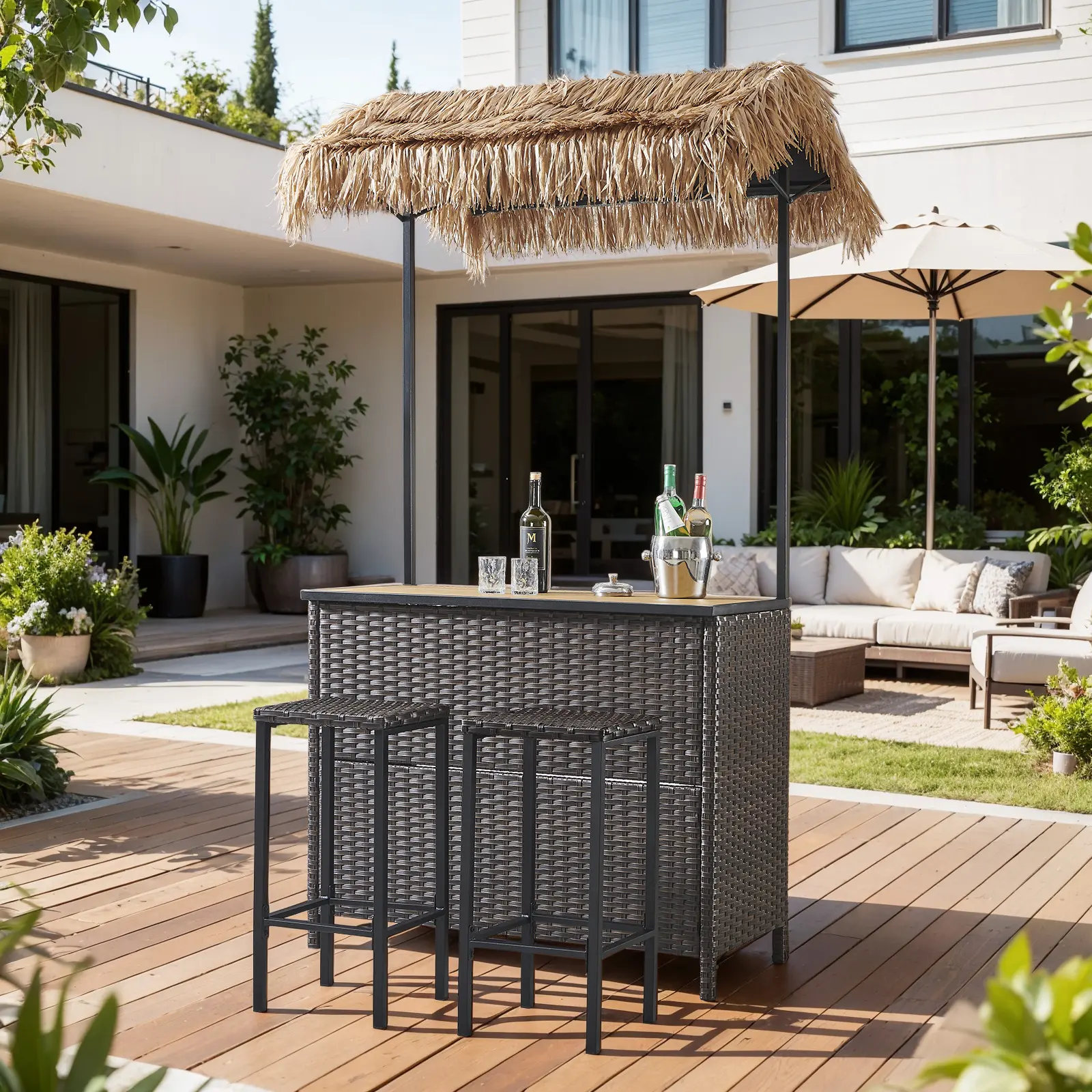 Outdoor Tiki Bar Set with Palapa Top - 3 Piece Wicker Bar Height Patio Set with 2 Stools, Storage Shelves & Wine Glass Rack, All-Weather Patio Bar Set for Garden Deck Backyard Brown