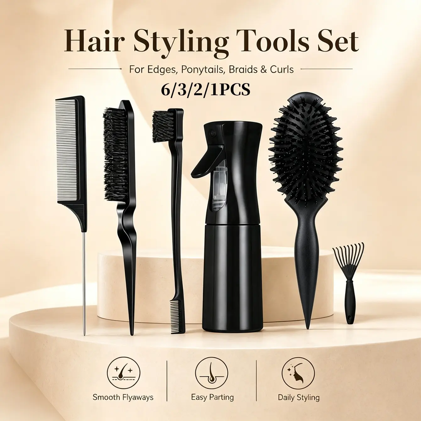 ✦ 【6 Colors Available】1/2/3/6PCS Hair Styling Tools Set, Heatless Styling Tool, Hair Styling Kit, Smoothing Comb, Edge Brush, Spray Bottle, Rat Tail Comb & Hair Pick For Sleek Ponytail, Baby Hair, Wigs, Braids, Curls & Daily Styling