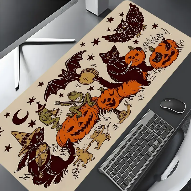 Retro Halloween Ghost Night Design Large Gaming Mouse Pad,Aesthetic Desktop Protection Pad,Washable Rubber Non-Slip Lock Edge Multi-Size For Home Office, Desk Accessories, Desktop Accessory, Gift for Family and friends