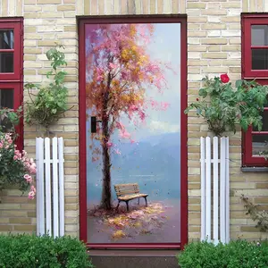 2pcs Autumn Lake Bench Tree Shadow Decorative Wall Sticker Warm Home Living Room Bedroom Entrance Background Wall Decoration Removable Self Adhesive Wall Decal Home Decor Art Sticker