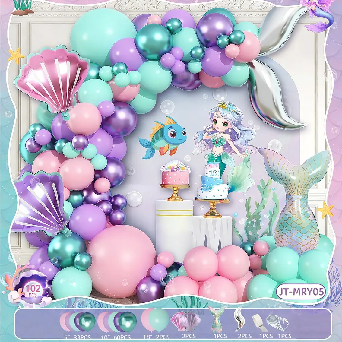 Ocean Theme Mermaid Balloon Chain Set, Mermaid Tail Aluminum Foil Balloons, Kids Birthday Party Decor, Underwater Scene Decoration