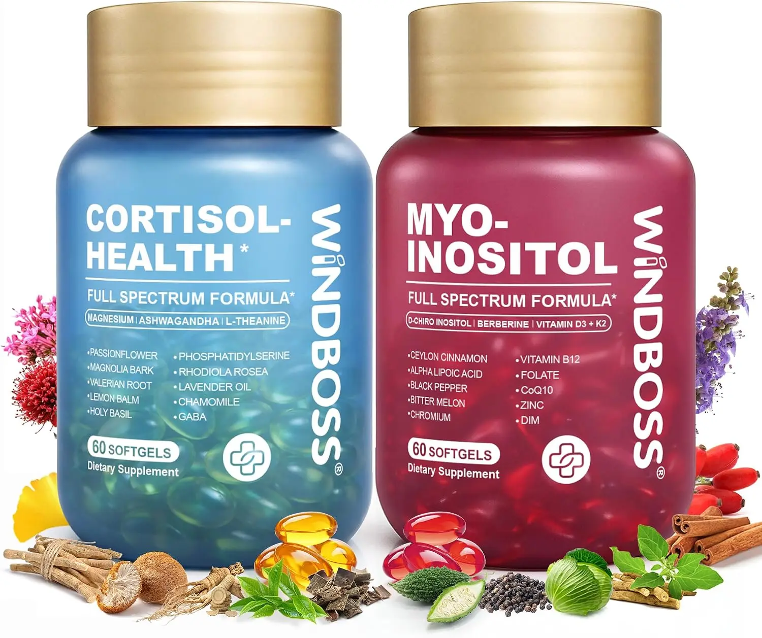 Cortisol Health & Myo Inositol Supplement Bundle for Women, Hormonal Balance, Stress & Emotional Wellness Support, D-Chiro Inositol, Ashwagandha, Berberine, Vitamin D3+K2, 120 Softgels
