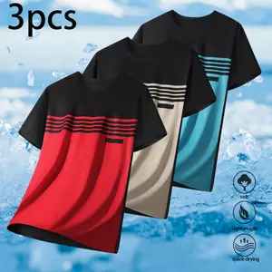 Pack of 3 men’s striped color-block short-sleeve T-shirts, sweat-wicking and comfortable, suitable for everyday wear, outings, and casual styles; a Father’s Day gift and a retro, stylish men’s T-shirt gift. Menswear Shortsleeve