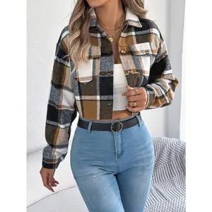 Womens Cropped Flannels Plaid Jacket Fall Shirt Coat Button Casual collar basic jackets Halloween Autumn And Winter Women's Retro Fashion Plaid Short Woolen Top Jacket Coat Polyester Outerwear
