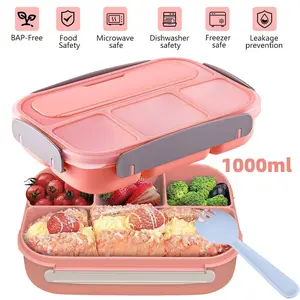 Bento Lunch Box for Adults,Four sided sealed buckle enhances sealing performance.4 Compartment Cute Bento Snack Box Leak Proof, 1000ML Bento Leak-proof Food Storage Pink Lid Reusable