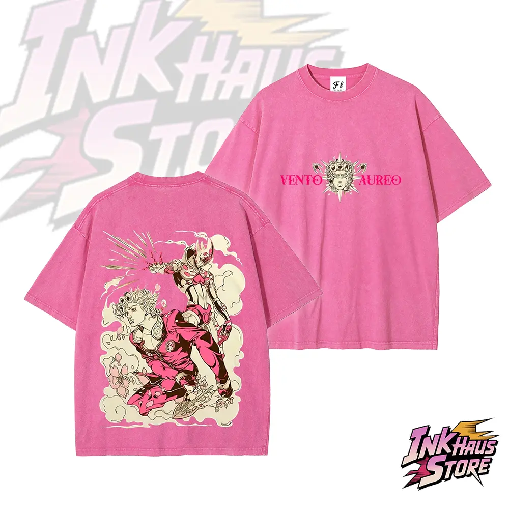 Giorno Giovanna, the protagonist of JoJo's Bizarre Adventure Part 5: Golden Wind, and his Stand, Gold Experience, against a backdrop of cherry blossoms and smoke. --Short Sleeve Cotton Unisex Retro wash Tee