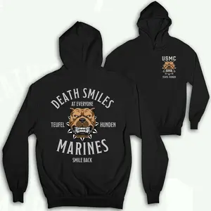 Death Smiles Marines Smile Back Hoodie, USMC Veteran Military Graphic Pullover, Badass Men's Patriotic Tactical Apparel Gift