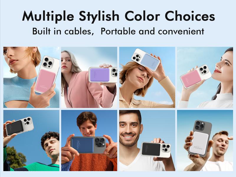 Podoru Multifunctional 10000mAh Power Bank, Wireless Magnetic Travel Charger Built-in USB C Lighting Cable, MagSafe for iPhone 17/16/15/14/13/12 Series