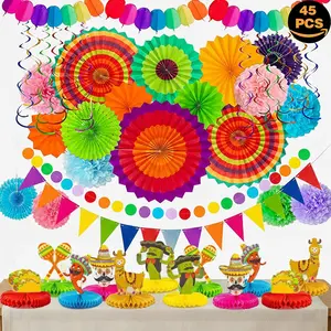 45 PCS Mexican Fiesta Party Decorations Set, Includes 12 Taco Cinco De Mayo Honeycomb Table Centerpieces and 33 Hanging Paper Fans Pom Poms Garland Swirls