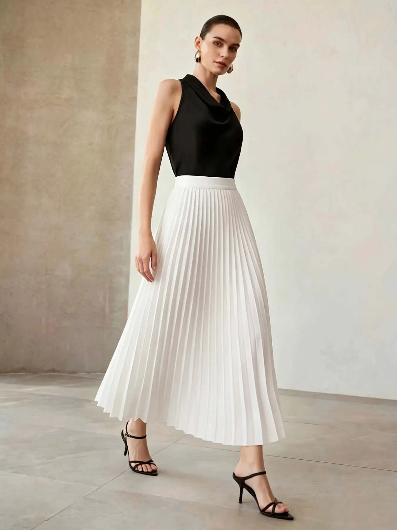 High-Waisted Pleated Long Skirt, Elegant A-Line Flowy Midi Dress, Plain Surface, Loose-Fitting, All Seasons, Pleated Skirts, Elegant Fashion Skirt, Solid Pleated Skirt