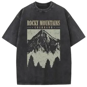 Holafish Oversize Acid Wash Vintage Mountain pattern T-Shirt Heavyweight Cotton Streetwear graphic vintage tees Menswear Crewneck Tshirt
