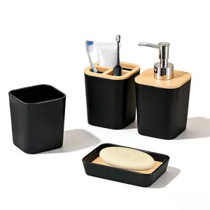 Bamboo Bathroom Accessories Set, Includes Lotion Dispenser, Soap Dish, Toothbrush Holder, Ideal for Bathroom Decor, Moving Gift Set, Storage Organization, Bathroom Organizers