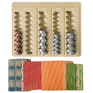 L LIKED Brown Coin Counter Tray-Coin Sorter Tray with 150 Assort Coin Wrappers Included-5 Compartments Slots for Organization Pennies, Nickels, Dimes, and Quarters - Use for Bank,Home and Office