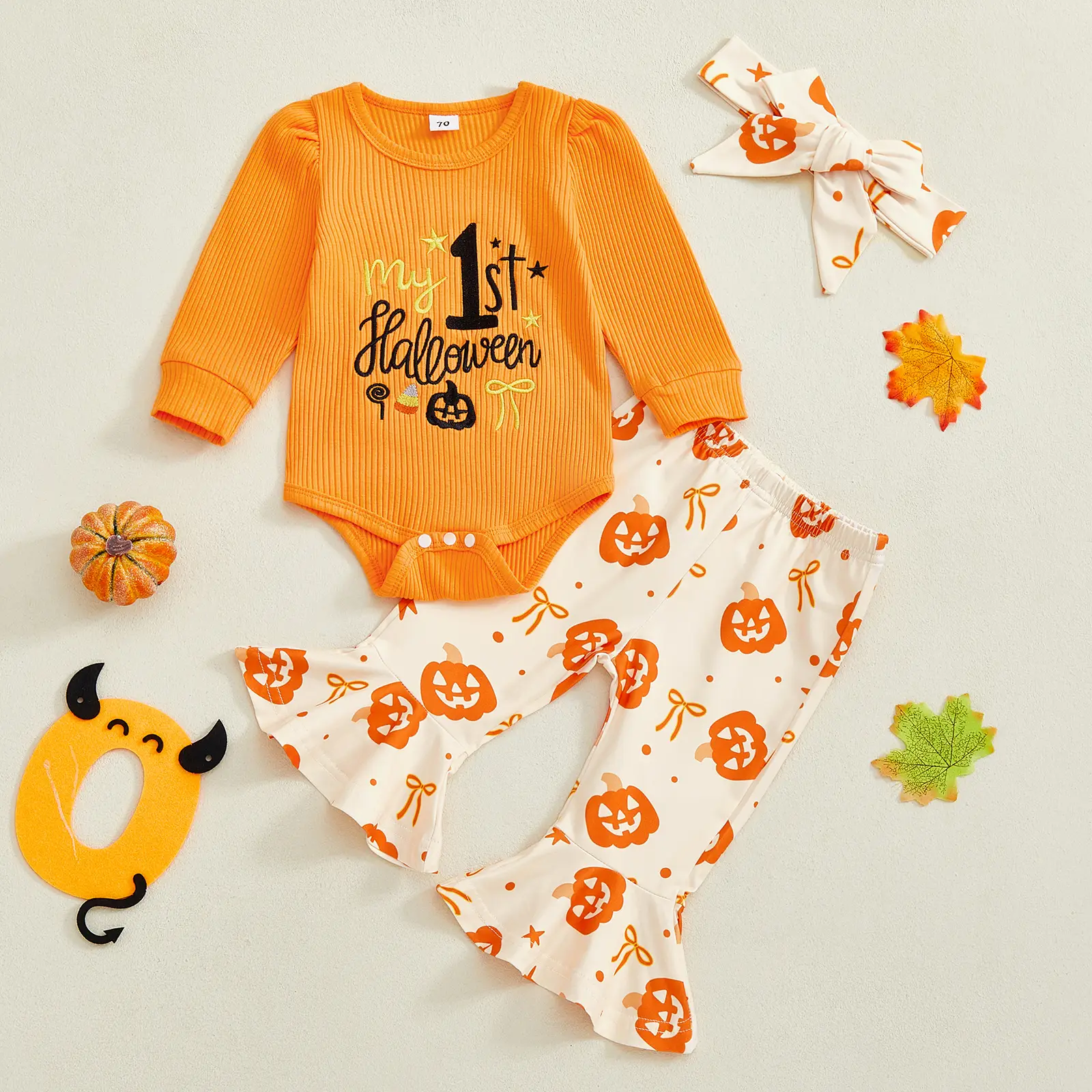 Baby Girls Halloween Outfits Letter Embroidery Long Sleeves Romper and Pumpkin Print Flared Pants Headband Set