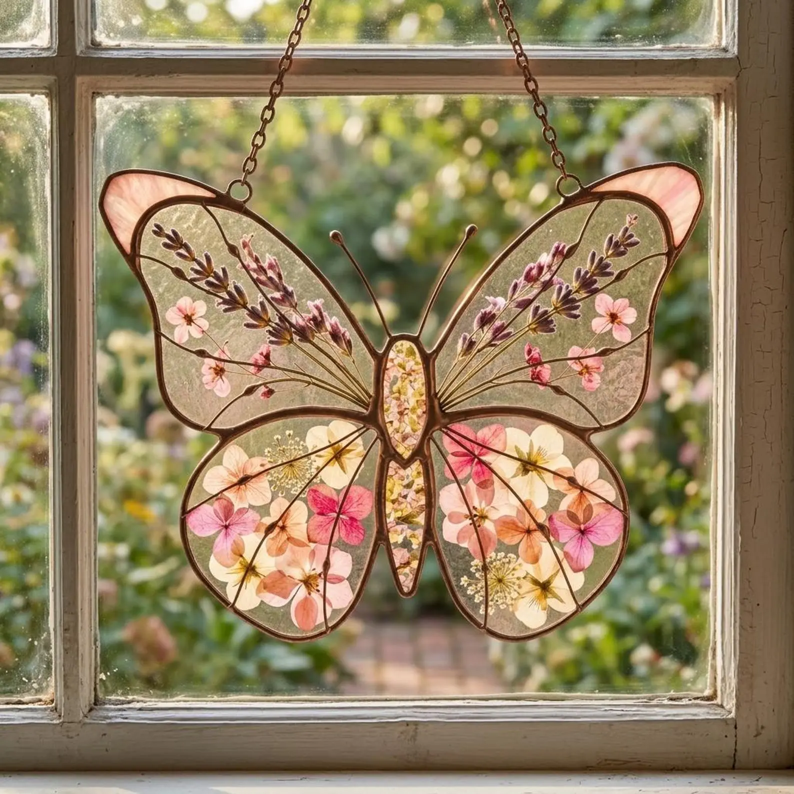 Cottagecore Butterfly Pressed Flower Suncatcher Stained Glass Window Hanging Aesthetic Room Decor Acrylic Hanging Ornament Mother's Day Gift for Garden Lover