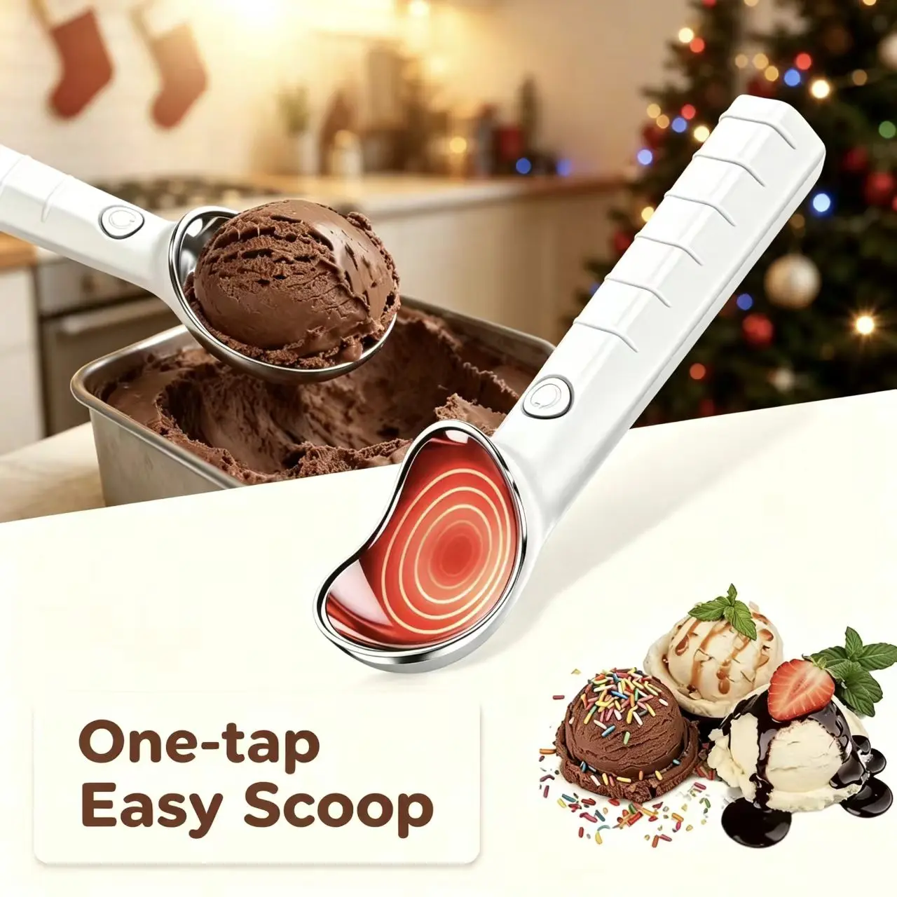 Rechargeable Heated Ice Cream Scoop - IP67 Waterproof Kitchen Utensil, 158°F Heating, Ergonomic Effort-Saving Design for Hard Ice Cream, Ideal for Seniors, Christmas Family Gift