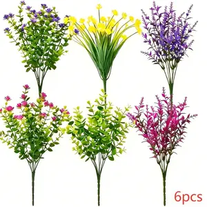 6Pcs Mixed Artificial Decorative Flowers Bundle 6 Styles Fake Outdoor Greenery UV Resistant Faux Plants Shrubs Bushes for Hanging Planter Window Box Garden Porch Patio Yard Home Wedding Party Farmhouse Indoor Outdoor Decoration