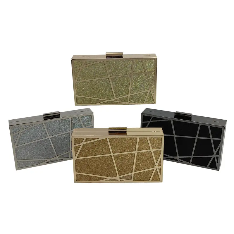 Women's Geometric Print Clutch Bag for Party Nights, European/American Style Hard Case with Lock Buckle Closure and Twill Lining, Wristlet, Metal Accents, Cosmetic Bag, Chain, Gold, Sequined, Mobile Pocket, Evening