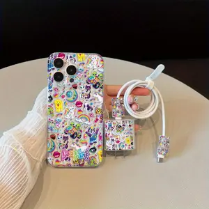 5-Piece Transparent Fashion Phone Case Set with Charger Head, Cable Protector, TPU Shockproof Design for iPhone 6-16 Pro Max