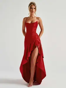 Women's Sexy High Slit Ruffle Hem Satin Strap Red Long Dress, Tie Back Large Backless Design Square Neck Slim Fit Bodycon Formal Party Gown, Elegant Chic Fashionable Evening Dress