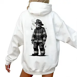 [Made in USA] Firefighter Skull Hoodie, Gothic Firefighter Graphic Pullover Hoodie, Vintage First Responder Fire Rescue Design, Monochrome Back Print Oversized Hoodie, Firefighter Gift For Men Women