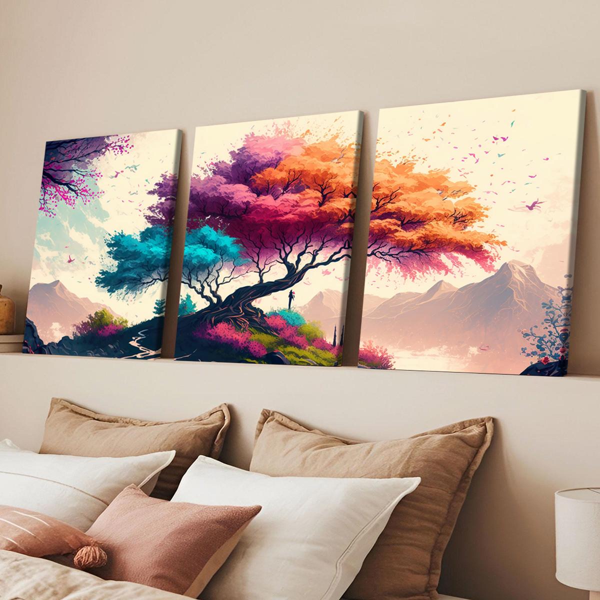 3Pcs Wooden Framed Canvas Painting, Colorful Fantasy Tree And Mountain Landscape, Exquisite Poster, Home Decoration, Pattern Wall Art Decor, For Living Room, Bedroom, Office, Restaurant, Bar Wall Decor, Odorless, Painting, Print Artwork.