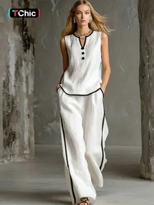 Women's Summer Loose Fit Set, V-Neck Fake Button Contrast Edge Sleeveless Top and Wide Leg Pants, 2-Piece for Casual Wear, Womenswear, White