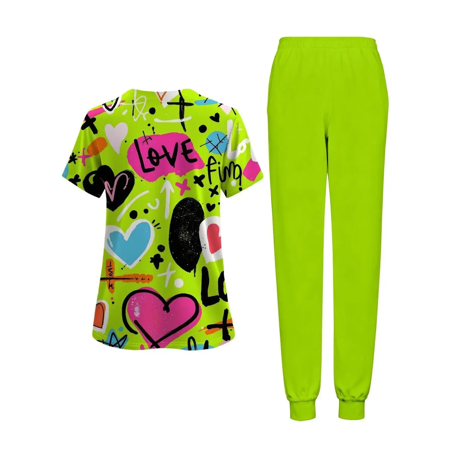 Women's Love Print V-Neck Scrub Set with Solid Green Pocketed Pants - Comfortable Casual Workwear for Nurses and Healthcare Professionals