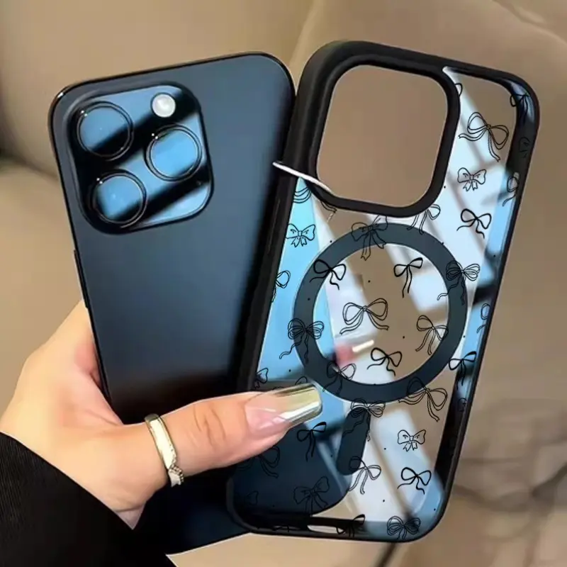 Black Mini Bow Soft Magnetic Waterproof Silicone Phone Case - MagSafe Acrylic, Drop Protection, Scratch Resistant, Shockproof Skin-Friendly 2D Printing Accessory for iPhone 16 Pro,17 Pro Max,16,16e,15,14 Plus,13,12,11,X,XS,Air - Adult Valentine's Gift