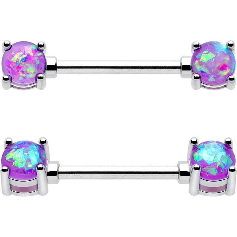 14 Gauge 9/16 Purple Faux Opal Externally Threaded Barbell Nipple Ring Set