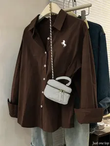 Elegant Casual Long Sleeve Shirt Blouse, Horse Print Loose Fit Button Front Top, Versatile All-Season Wear for Office & Campus, Women's Fashion